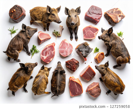 AI generated overhead shot of premium fresh wild boar meat cut into rustic chunks from various cuts arranged artfully showcasing vibrant natural colors against clean white space 127259058