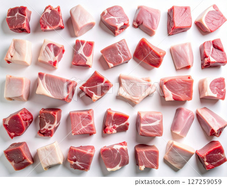 AI generated top view of fresh raw goat meat cut into pieces from various cuts arranged neatly showcasing natural color and texture against clean white background 127259059