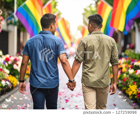AI generated image of two asian men in love holding hands walking down a street lined with rainbow pride flags and colorful flowers representing LGBTQ romance diversity and acceptance AI generated image of two asian men in love holding hands walking down a street lined with rainbow pride flags and colorful flowers representing LGBTQ romance diversity and acceptance 127259098