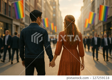 AI generated image of an Asian man and European woman holding hands walking under rainbow flags in a city symbolizing pride love unity and hope with soft background and bright sky AI generated image of an Asian man and European woman holding hands walking under rainbow flags in a city symbolizing pride love unity and hope with soft background and bright sky 127259118