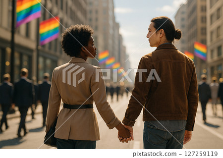 AI generated image of a black man and Asian woman dressed in nontraditional gender styles walking hand in hand through a rainbowflagged city street symbolizing pride freedom and new beginnings 127259119