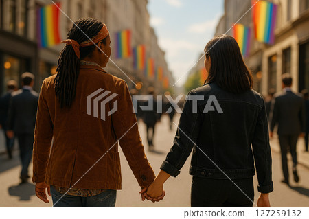 AI generated image of a Black woman and an Asian woman walking hand in hand down a city street with rainbow flags sunlight and people in suits symbolizing pride diversity and new beginnings 127259132