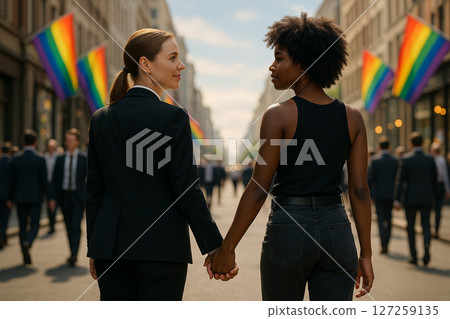 AI generated image of interracial lesbian couple walking hand in hand in a modern city street with rainbow flags symbolizing pride acceptance and diversity under a bright sky 127259135
