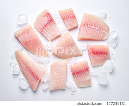 AI generated top view of fresh raw barramundi fish cut into premium fillets and chunks showcasing glistening texture and vibrant color on clean white space AI generated top view of fresh raw barramundi fish cut into premium fillets and chunks showcasing glistening texture and vibrant color on clean white space 127259181