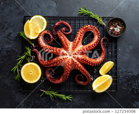 AI generated top view of tender octopus grilled over charcoal, perfectly cooked with smoky aroma and charred edges. Seasoned with salt and black pepper, garnished with fresh rosemary and lemon wedges. 127259306