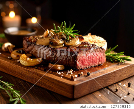 AI generated image of juicy medium rare steak resting on wooden cutting board, served with roasted garlic, onions, rosemary and mushrooms. Drizzled with rich mushroom gravy with salt and black pepper. AI generated image of juicy medium rare steak resting on wooden cutting board, served with roasted garlic, onions, rosemary and mushrooms. Drizzled with rich mushroom gravy with salt and black pepper. 127259315