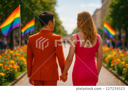 AI generated image of an Asian man and a European man in a dress walking arm in arm through a pride parade with rainbow flags blooming flowers and a lively sunny city festival atmosphere 127259323