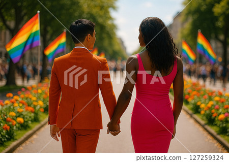 AI generated image of an Asian man in a suit and a Black man in a dress walking hand in hand through a pride festival surrounded by rainbow flags blooming flowers and cheerful city atmosphere 127259324