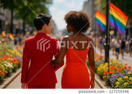 AI generated image of Asian and Black lesbian couple walking arm in arm at a vibrant Pride festival with rainbow flags flower gardens and bright daylight in a joyful city atmosphere 127259346