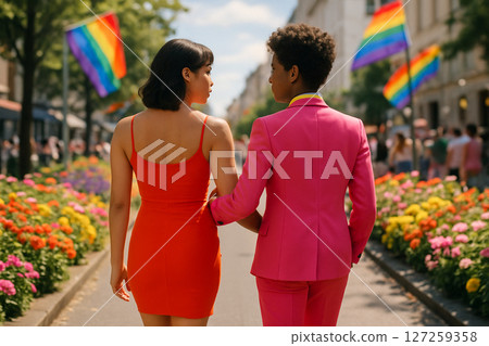AI generated image of an LGBTQ couple walking arm in arm through a vibrant city street during Pride surrounded by flowers rainbow flags and bright sunlight in a joyful inclusive atmosphere 127259358