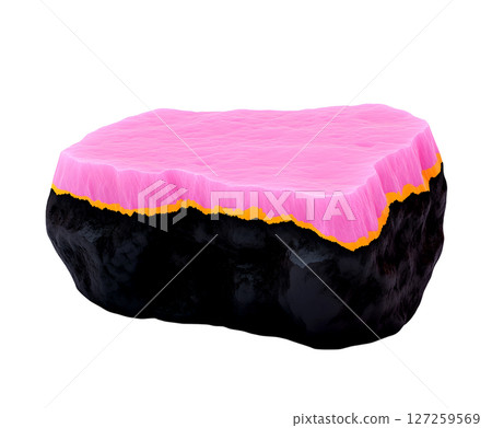 a rough, oblong object with textured surfaces appears to be composed of stratified materials. the bottom portion is a dark, shiny color with an uneven, rocky texture a rough, oblong object with textured surfaces appears to be composed of stratified materials. the bottom portion is a dark, shiny color with an uneven, rocky texture 127259569