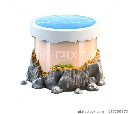 the image features a cylindrical structure on a white background. at the top, there is a pool of blue water contained within a white rim 127259575