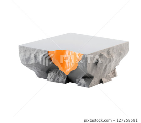 against a plain white background, a sculptural object resembling a table is presented. the top surface is a smooth, light colored square against a plain white background, a sculptural object resembling a table is presented. the top surface is a smooth, light colored square 127259581