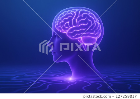 AI generated human profile with a luminous purple brain showing neural detail glowing on abstract digital surface in a futuristic calm blue background 127259817