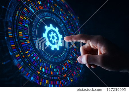 AI generated a human finger touching glowing gear icon on futuristic holographic interface surrounded by colorful data patterns representing control and automation 127259995