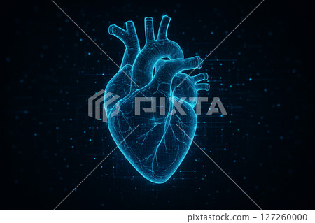 AI generated high-tech digital illustration of a glowing blue holographic human heart floating in dark space with circuit-like data lines, symbolizing precision medicine and futuristic biotech 127260000