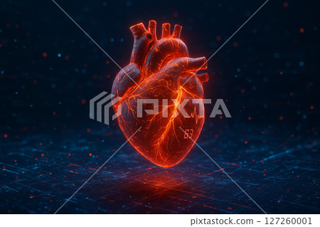 AI generated futuristic glowing heart floats in digital space symbolizing advanced medical data integration and real-time cardiovascular analysis in a sci-fi world AI generated futuristic glowing heart floats in digital space symbolizing advanced medical data integration and real-time cardiovascular analysis in a sci-fi world 127260001