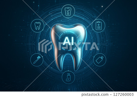 AI generated futuristic metallic tooth with glowing AI symbol surrounded by digital interface and dental care icons representing smart dental technology precision and innovation in healthcare 127260003