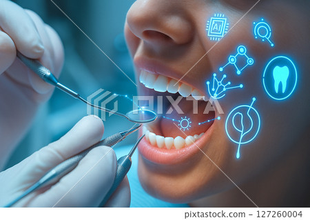 AI generated futuristic dental procedure showing real time oral examination with glowing AR icons and tools in a smart clinical environment representing precision technology and advanced diagnostics 127260004