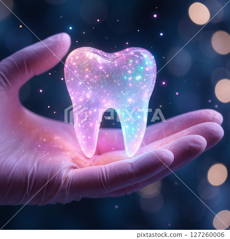 AI generated glowing rainbow tooth gently held by gloved hands in a dreamy fantasy setting symbolizing ideal oral health care and compassion in dentistry 127260006