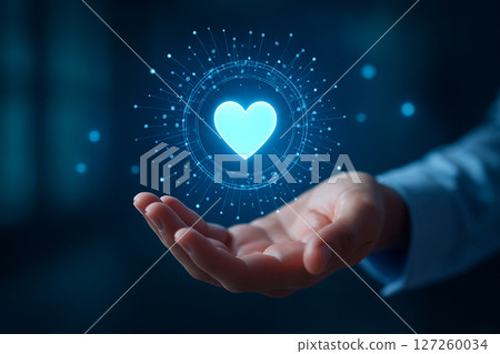 AI generated image showing a glowing heart icon hovering above a hand, symbolizing digital health, care, and futuristic medical technology in a calm, secure tone. 127260034