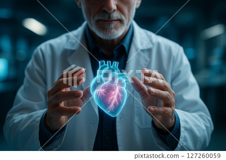 AI generated image of a doctor gently holding a glowing holographic heart symbolizing precision health care compassion and advanced medical technology 127260059