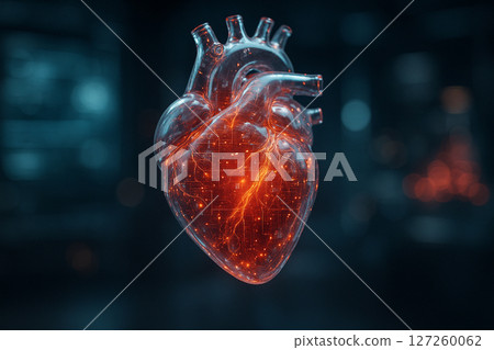 AI generated digital rendering of a translucent human heart glowing from within with red-orange data streams, symbolizing futuristic biotech and life science innovation 127260062