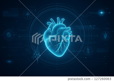 AI generated futuristic holographic heart with glowing circuits and data analysis elements symbolizing advanced medical diagnostics and health technology 127260063