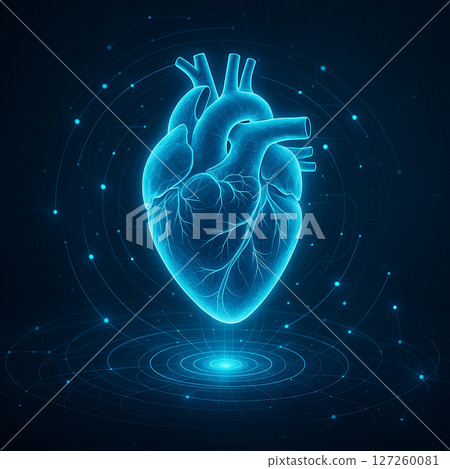 AI generated digital heart glowing with blue light surrounded by data lines representing advanced health monitoring and biological energy in a sci-fi style 127260081
