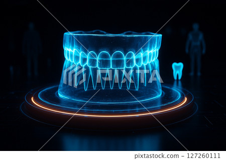 AI generated digital 3D hologram shows full dental arch floating above a sci-fi interface with glowing blue lights in a futuristic lab 127260111