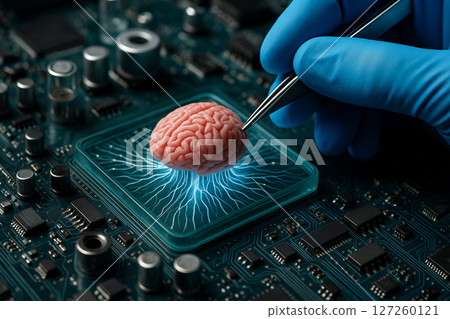 AI generated image of a realistic human brain connected to a microchip, illustrating futuristic biotechnology and AI experimentation with surgical precision and digital integration. 127260121