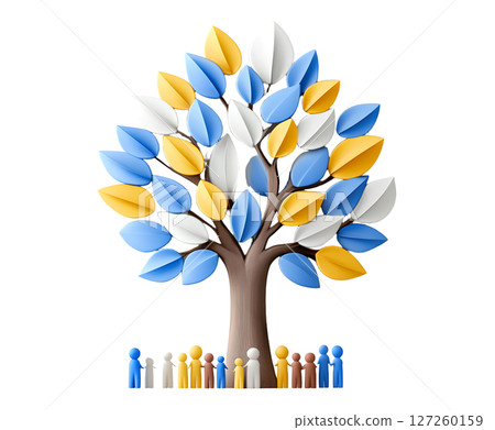 a tree stands against a white background. the tree's trunk is brown, and the leaves are blue, yellow, and white 127260159