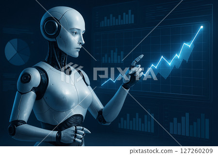 AI generated humanoid female robot interacting with glowing data dashboard and line graph representing artificial intelligence business analytics and futuristic technology interface 127260209