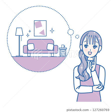 Illustration of a woman imagining a stylish room 127260769