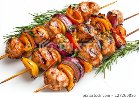 Delicious Grilled Chicken Skewers with Colorful Vegetables 127260856