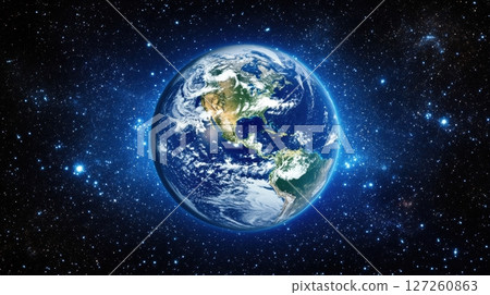Earth in Space Surrounded by Stars and Galaxies from Orbit View 127260863