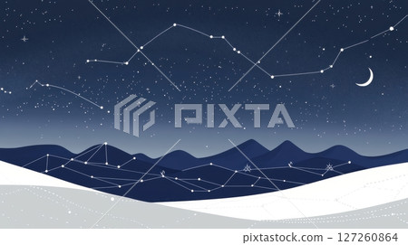 Starry Night Sky with Constellations Over Mountain Landscape 127260864
