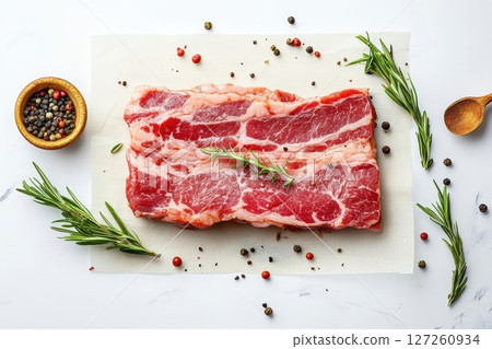 Fresh Raw Pork Belly with Spices and Herbs on White Table 127260934