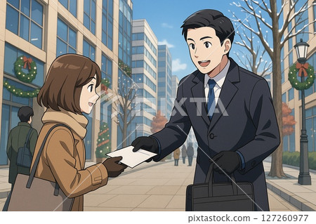 一名商人在冬日街角遞交文件 127260977