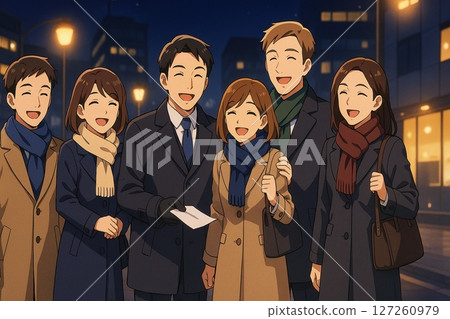 Smiling business group with colleagues in the city at night Smiling business group with colleagues in the city at night 127260979