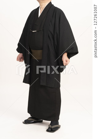 A man dressing himself in a kimono. 127261087