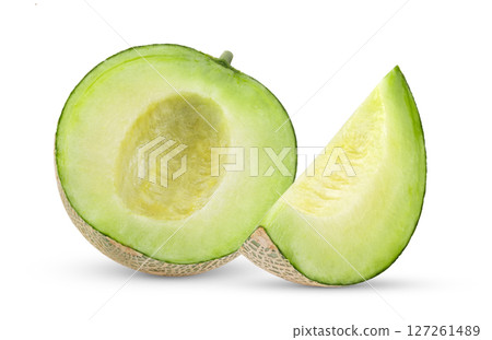 slice of green cantaloupe melon isolated on white background 127261489