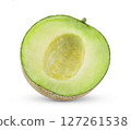 slice of green cantaloupe melon isolated on white background 127261538