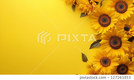 Sun flower beauty yellow petal blooming copy space frame yellow background Sun flower beauty yellow petal blooming copy space frame yellow background 127261853