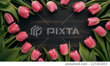Tulip pink flower rounded border frame empty center, copy space black background Tulip pink flower rounded border frame empty center, copy space black background 127261855