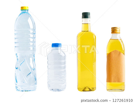 Vegetable oil and water plastic bottle isolated on white background, organic healthy food for cooking. 127261910