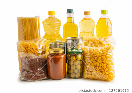 Foodstuffs in donation box isolated on white background with clipping path. 127261913