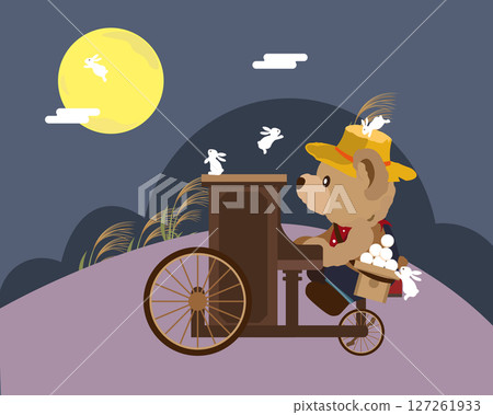 一隻泰迪熊騎著一輛掛著鋼琴的腳踏車看月亮的插圖 127261933