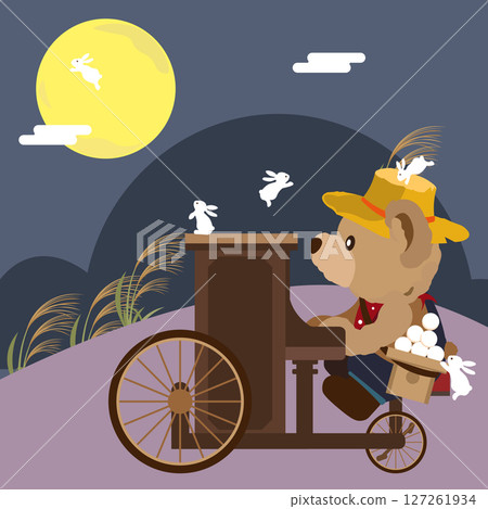 An illustration of a teddy bear riding a bicycle with a piano attached to it to watch the moon at night 127261934