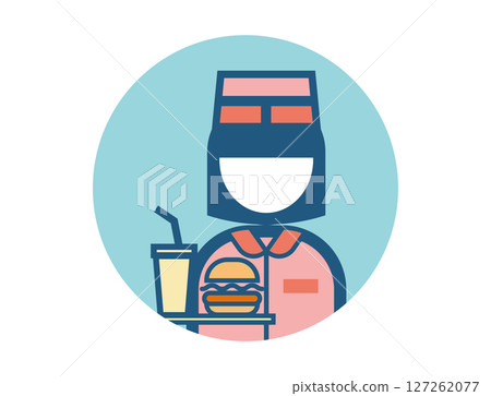 Round simple colorful illustration icon of a fast food worker holding a hamburger Round simple colorful illustration icon of a fast food worker holding a hamburger 127262077
